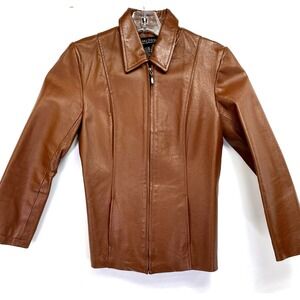 Dialogue Womens Sz XS full Zip Up Brown Leather  Bomber Jacket